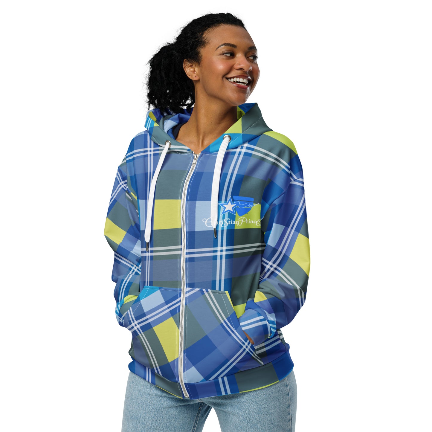 Christian Princess TM blue/yellow plaid Unisex zip hoodie free shipping